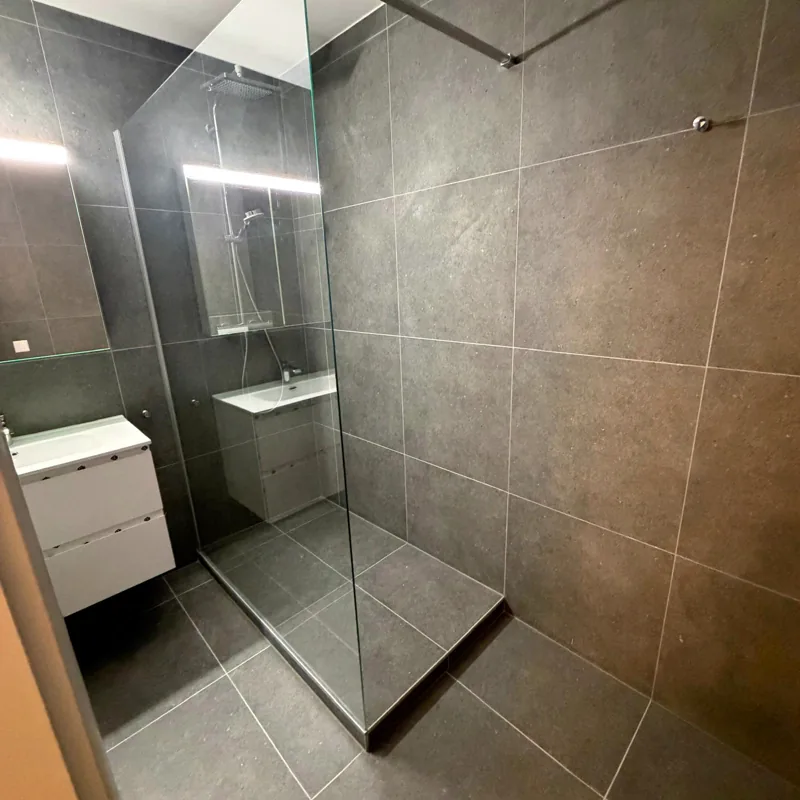 Douche à paroi vitrée et grands carreaux gris