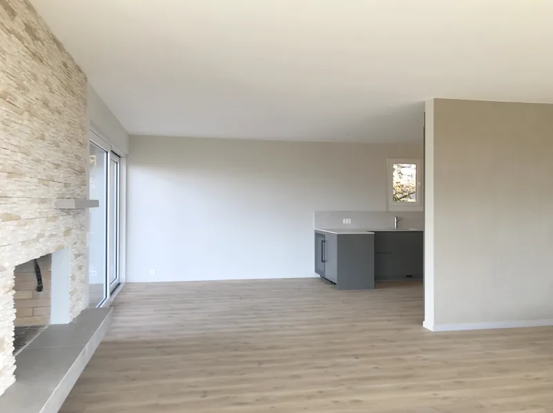 Séjour et cheminée après rénovation
